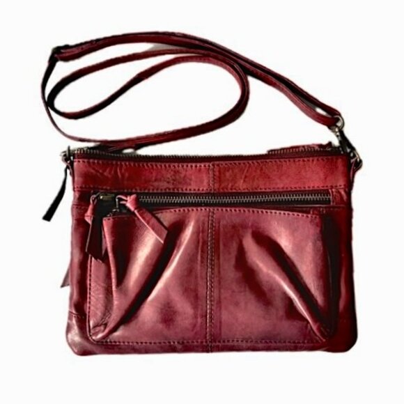 Bass Leather Crossbody Shoulder Clutch Bag Burgundy Zip Pockets Detachable Strap - Picture 1 of 9